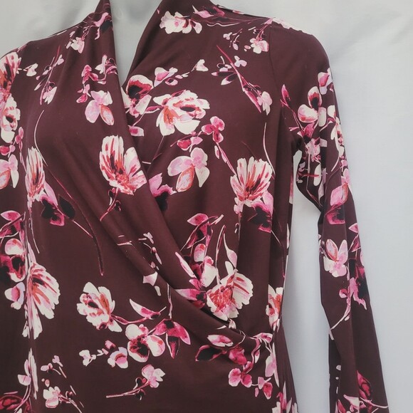 Motherhood Maternity Faux Wrap Dress Long Sleeve Knee Length Plum Floral Large - Picture 3 of 7
